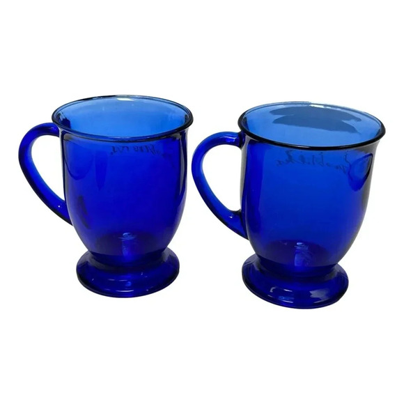 STARBUCKS Anchor Hocking  Cobalt Blue Mug Glass Pedestal Footed Coffee EARLY - Picture 2 of 10